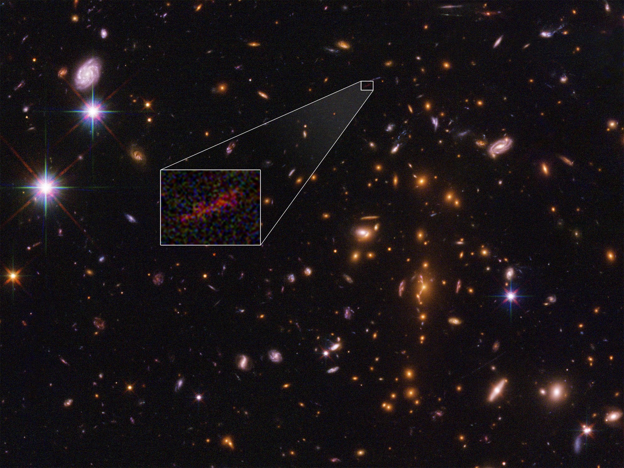 Это изображение космического телескопа Хаббла самой дальней галактики, которое все же видно на изображении, растянутом и усиленном с помощью явления, называемого гравитационным линзированием. Эмбриональная галактика под названием SPT0615-JD существовала, когда вселенной было всего 500 миллионов лет. Хотя в эту раннюю эпоху было замечено несколько других примитивных галактик, они по существу выглядели как красные точки, учитывая их небольшие размеры и огромные расстояния. Однако в этом случае гравитационное поле массивного кластера галактик переднего плана, получившее название SPT-CL J0615-5746, не только усилило свет из фоновой галактики, но и смазало его изображение на дугу (около 2 сек.). Анализ изображения показывает, что галактика весит не более 3 миллиардов солнечных масс (примерно 1/100-й массы нашей полностью выращенной галактики Млечный Путь). Это меньше, чем 2, 500 световых лет в поперечнике, половина размера Малого Магелланового Облака, спутниковая галактика нашего Млечного Пути. Объект считается прототипом молодых галактик, возникших в эпоху вскоре после Большого взрыва.