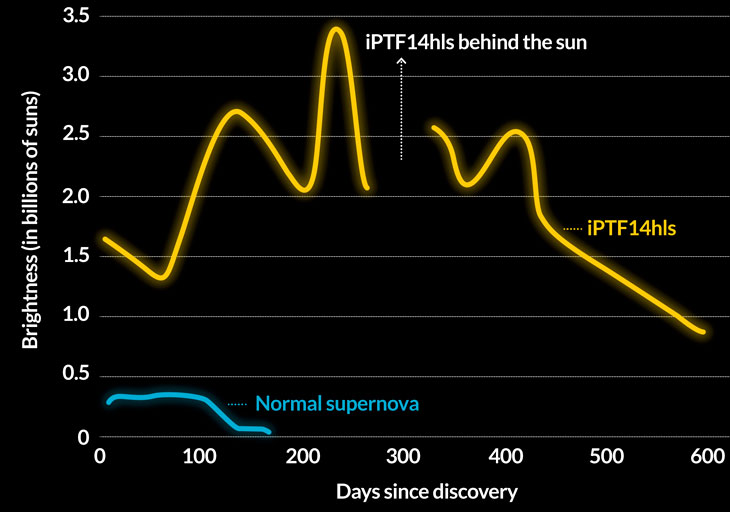 Звезда iPTF14hls продолжила свое извержение более 600 дней и колебалась по яркости не менее пяти раз (желтый). Типичные сверхновые (синие) исчезают примерно через 100 дней.